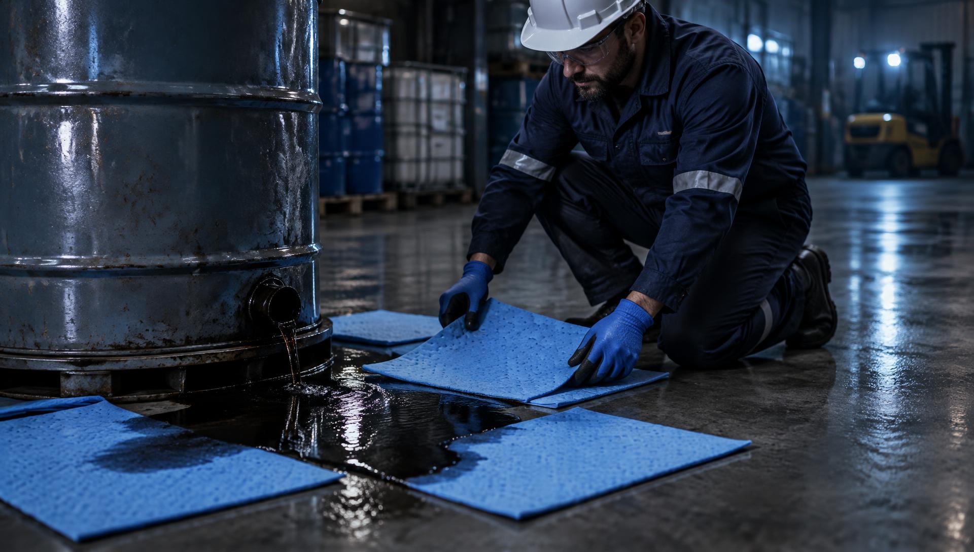 Worker laying absorbent pads on a drum spill inside a warehouse